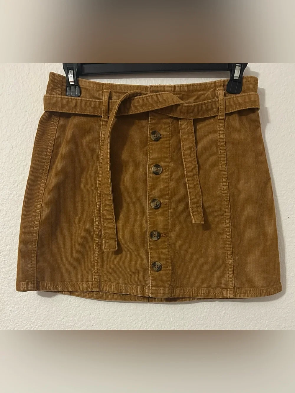 Corduroy Button-Front Mini Skirt in Camel